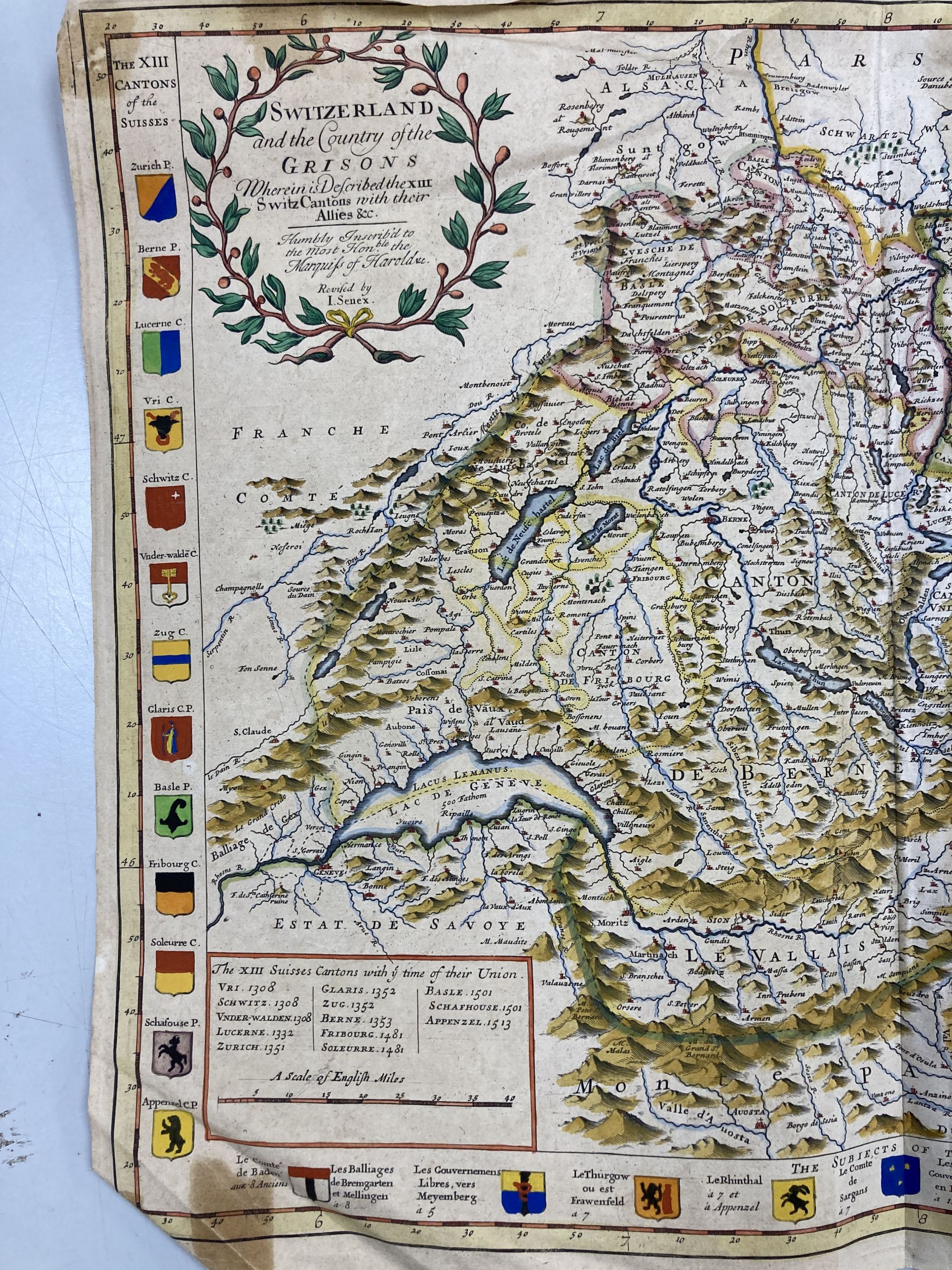 John Senex, coloured engraving, Map of Switzerland, 42 x 55cm,